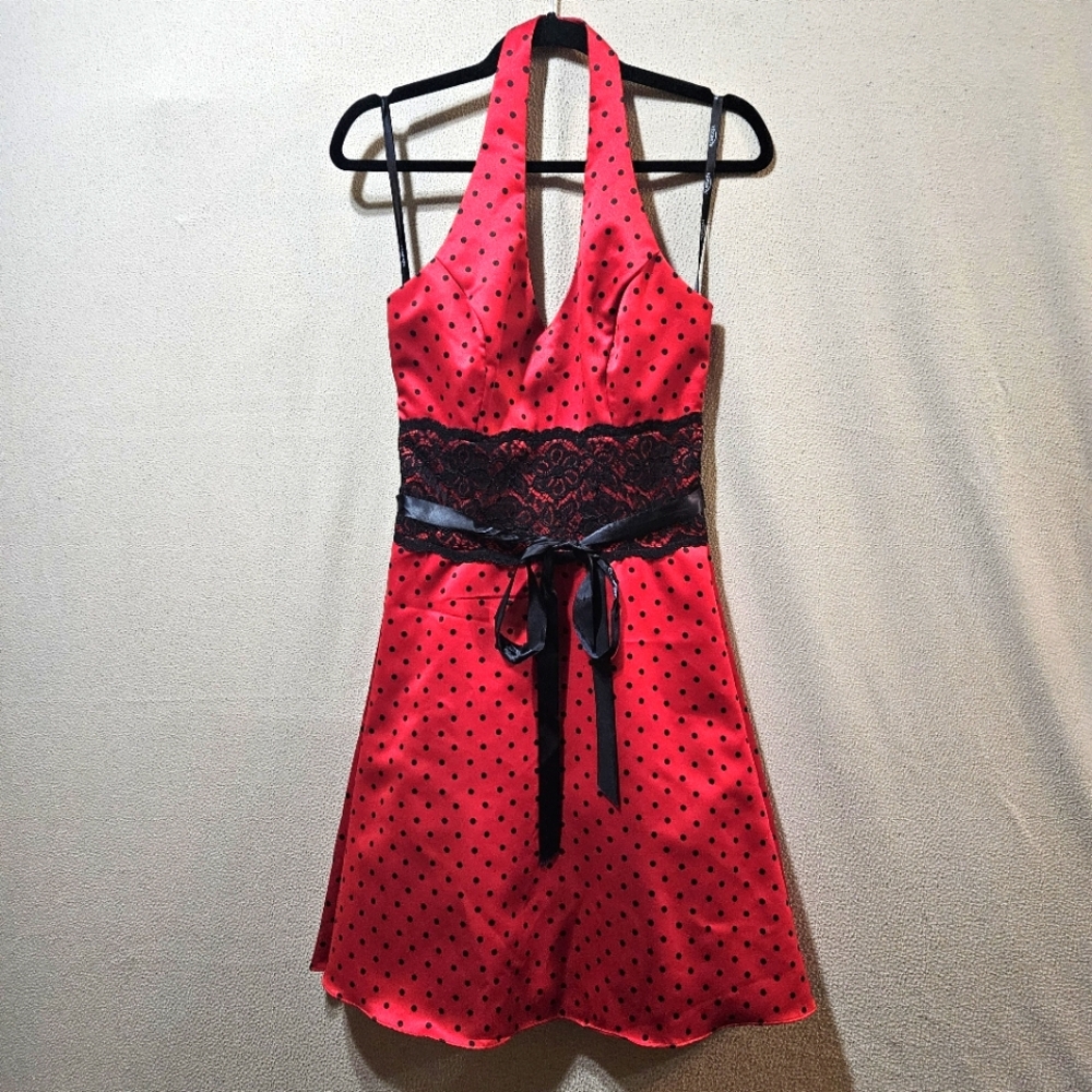 Retro Red Halter Polka Dot Dress with Black Lace Crinolin Size 7/8